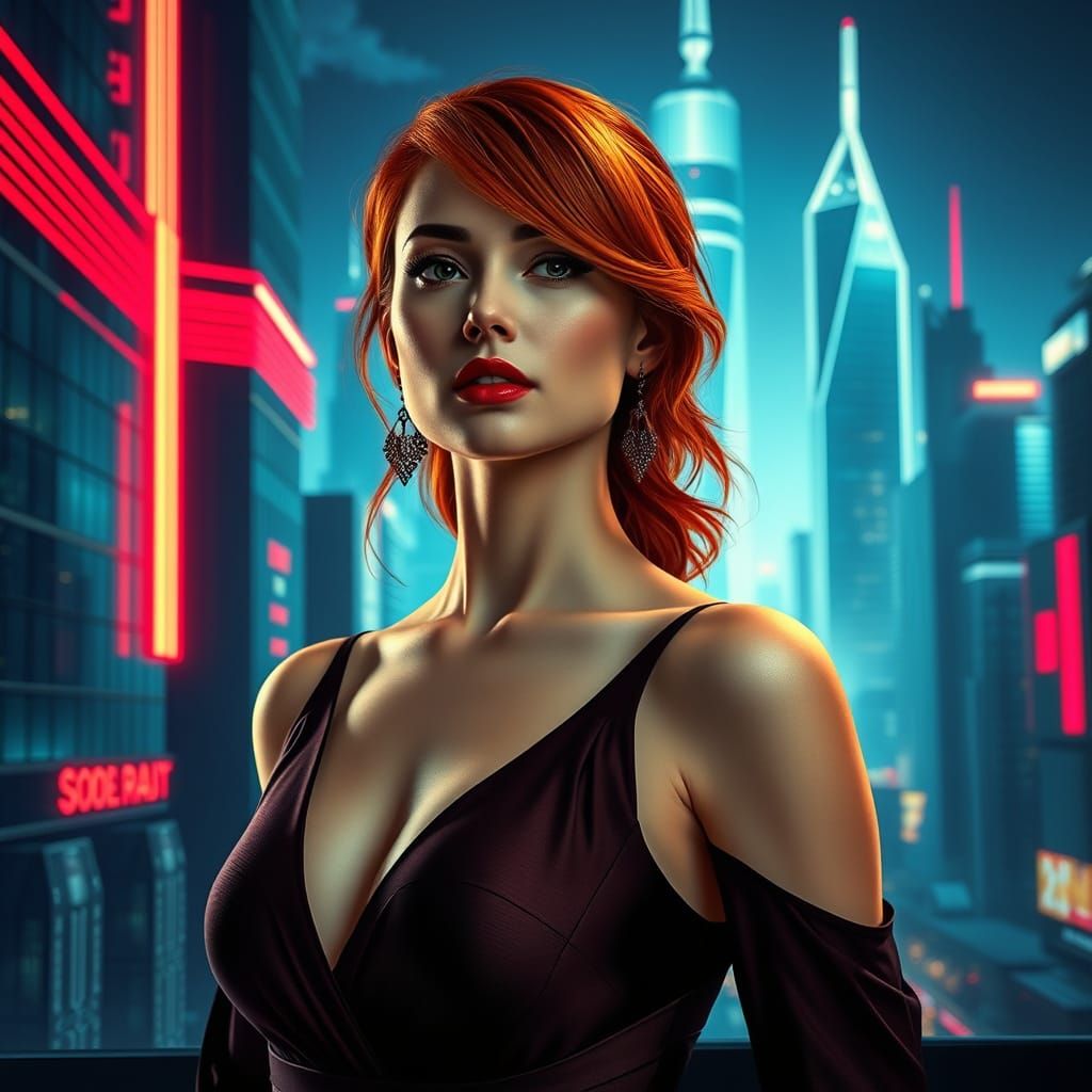 Elegant Woman in Cyberpunk Cityscape with Neon Lights