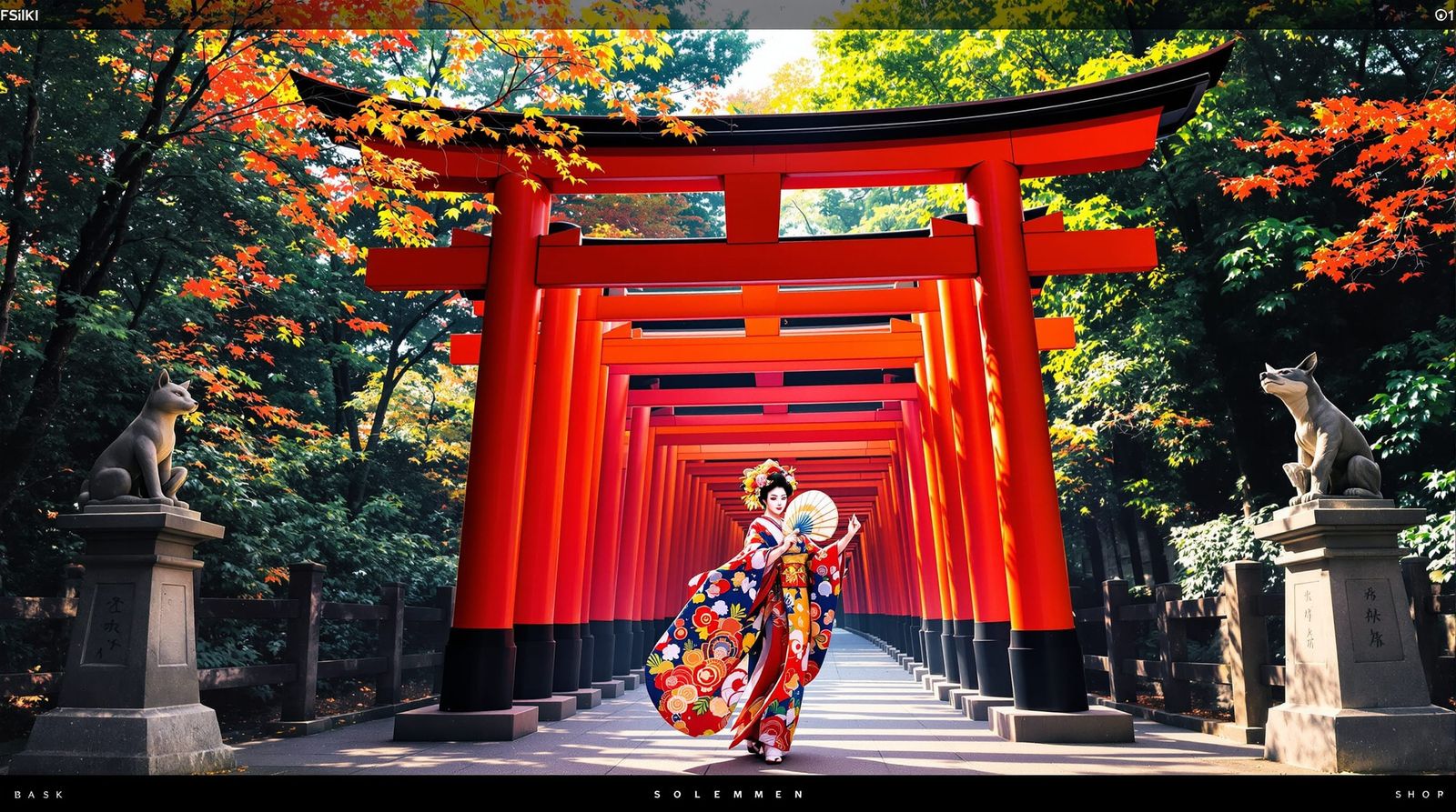 Geisha Dances Amidst Fushimi Inari Gates in Ukiyo-e Style