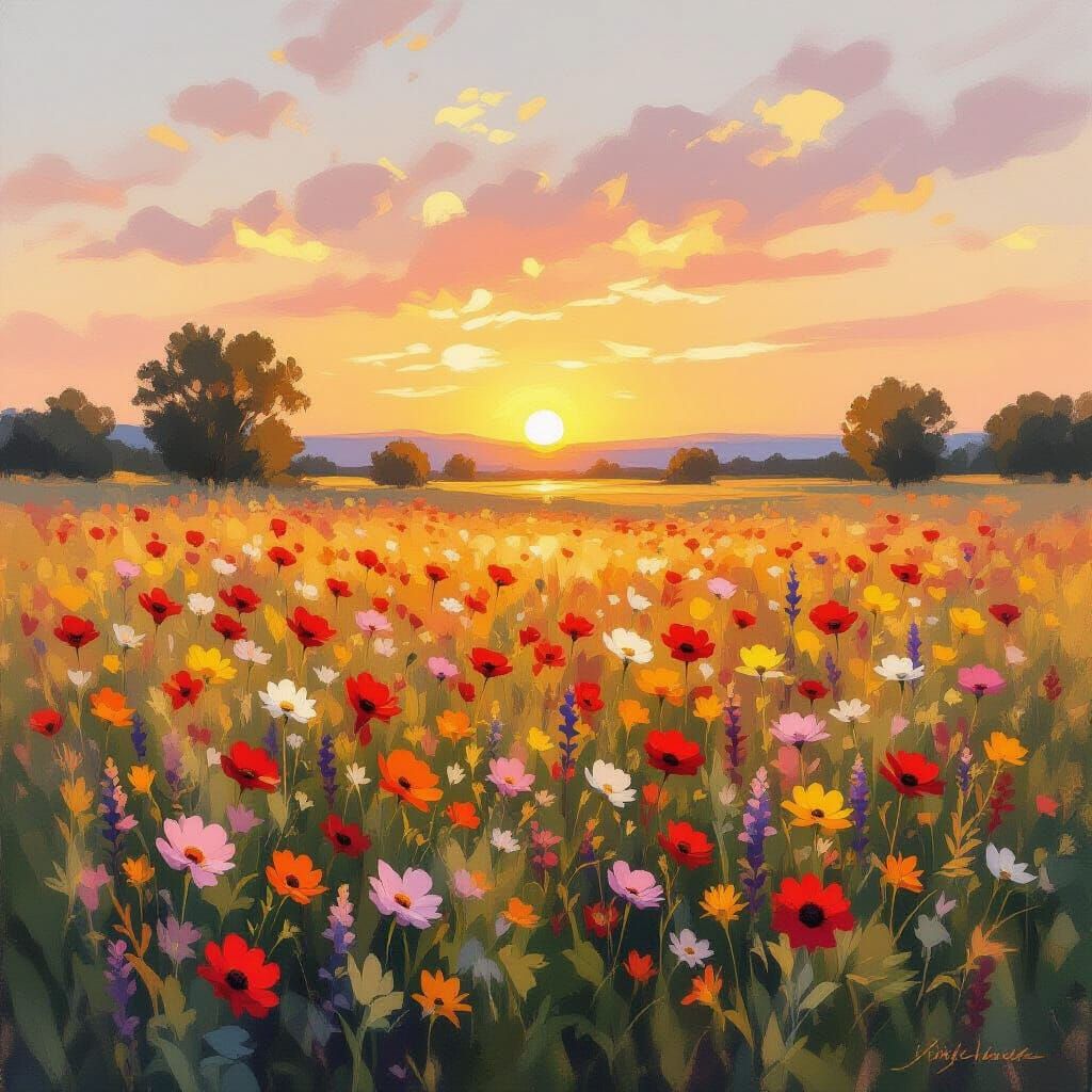 Dreamy Wildflower Field at Sunset Impressionistic Painting