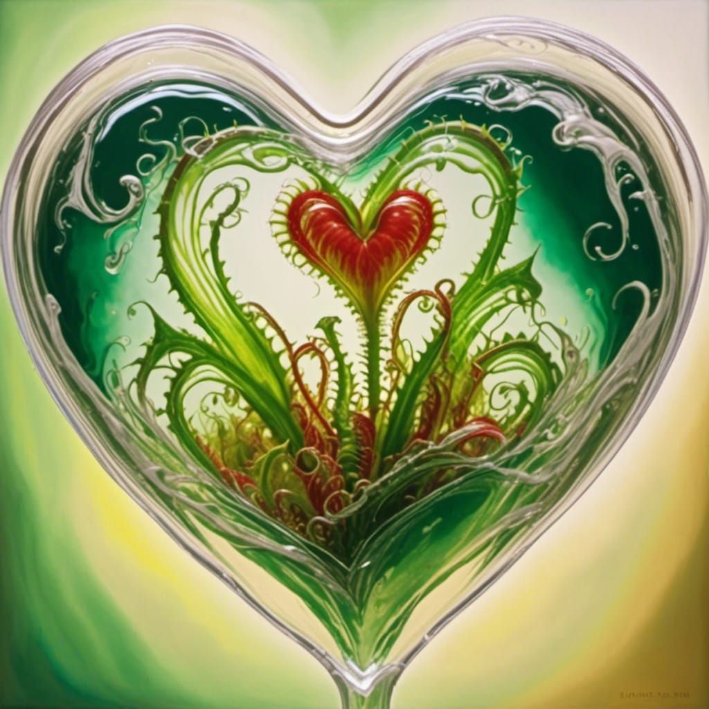 Venus Flytraps in Heart Bottle: Surreal Oil Painting