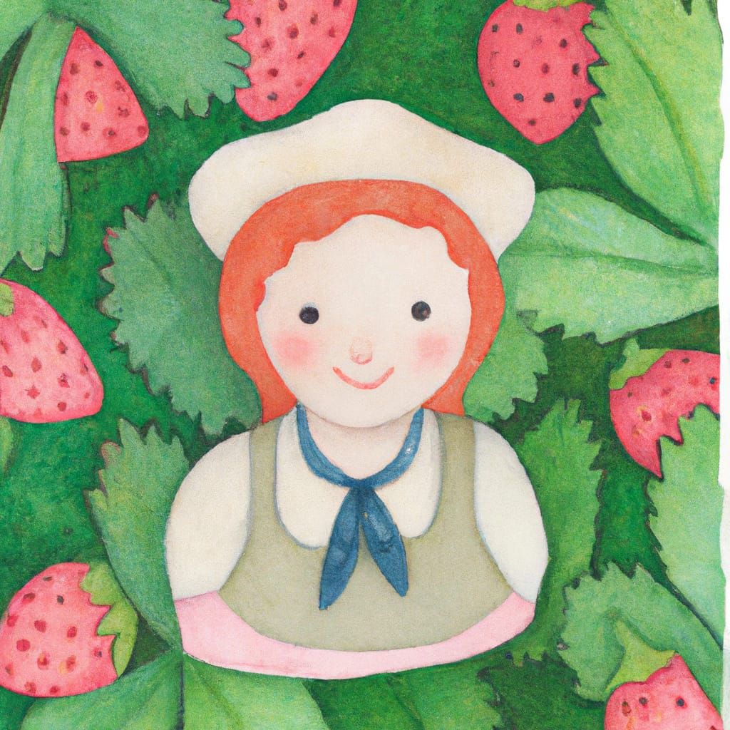 Charming Strawberry Girl in Whimsical Watercolor Style