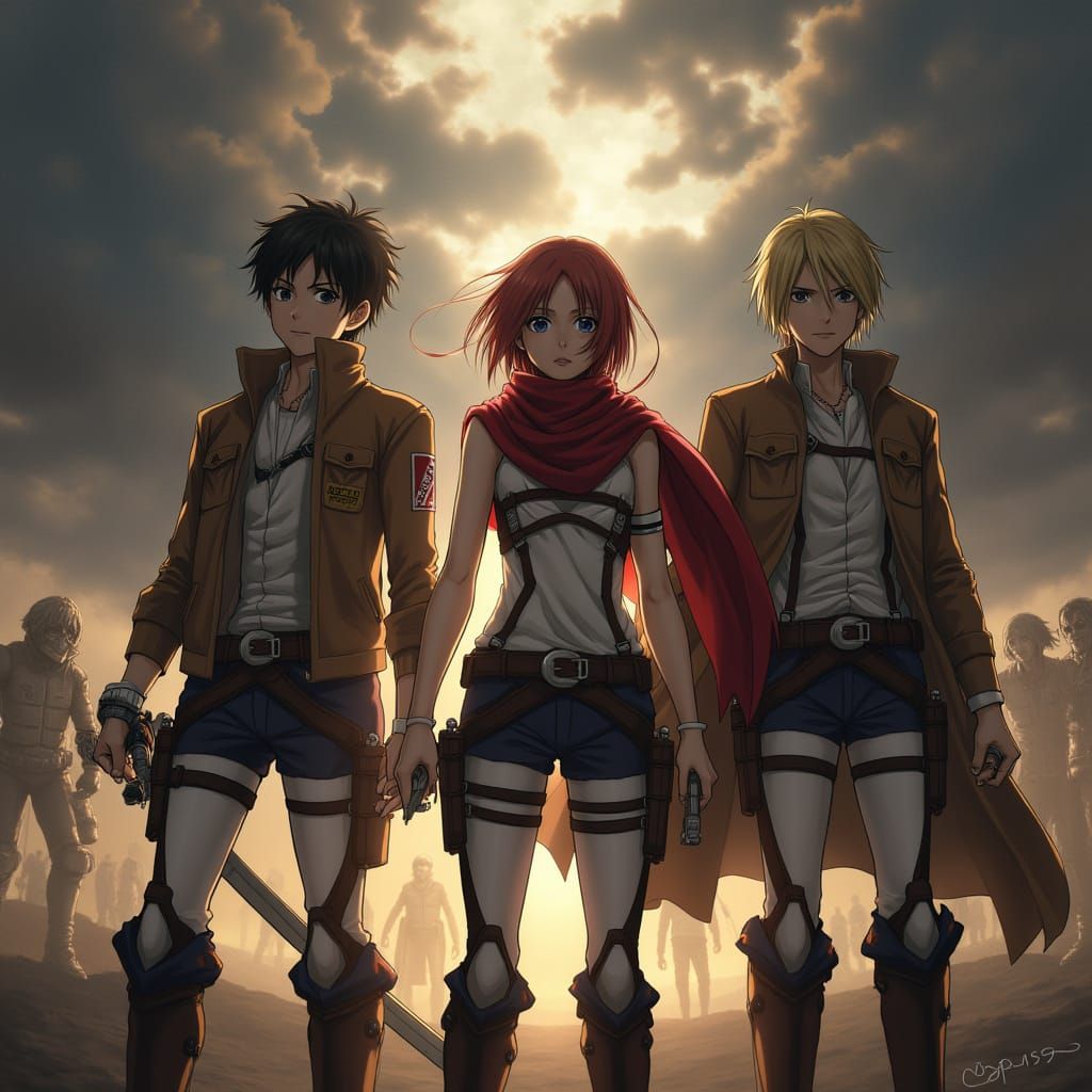 Eren, Mikasa, and Armin Battle Titans: Manga Style