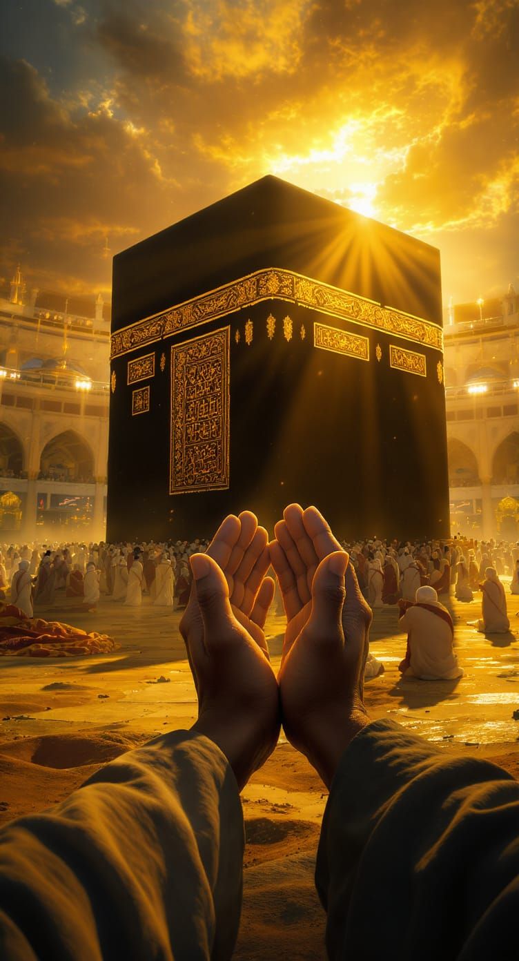 Praying Hands Before Kaaba in Golden Hour Light