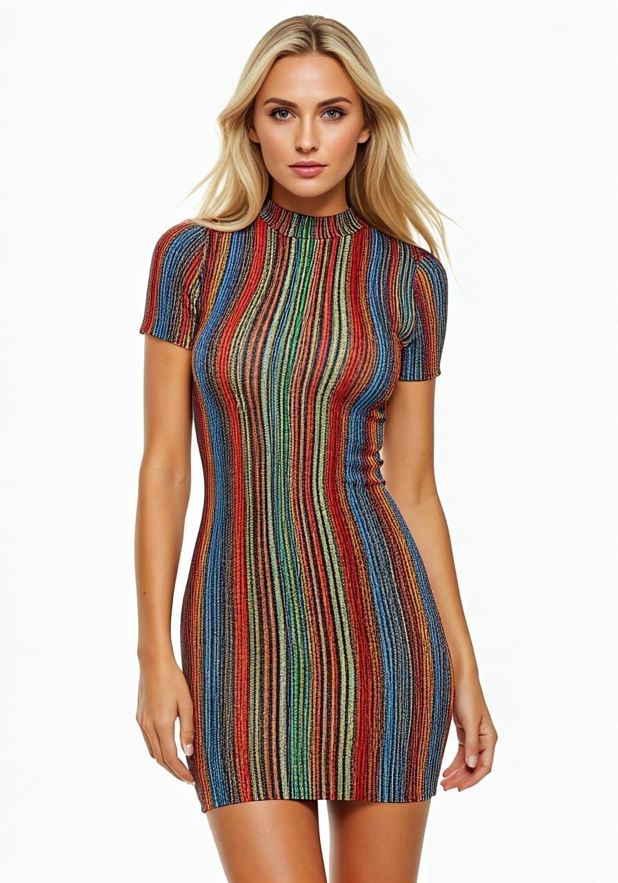 Vibrant Blonde Dressed in a Multicolored Dress