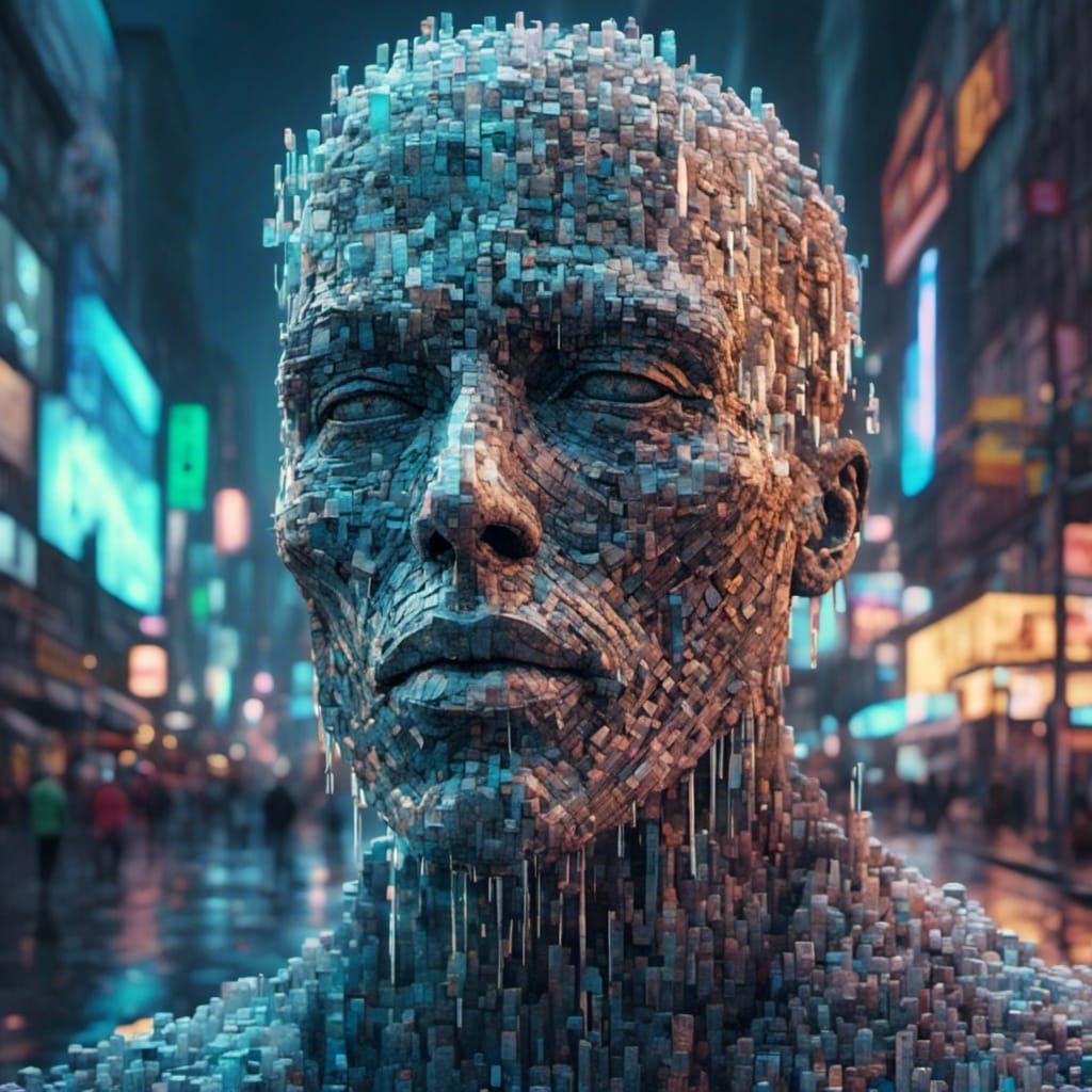 Abstract Voxel Cyborg Head in Hyperrealistic 3D