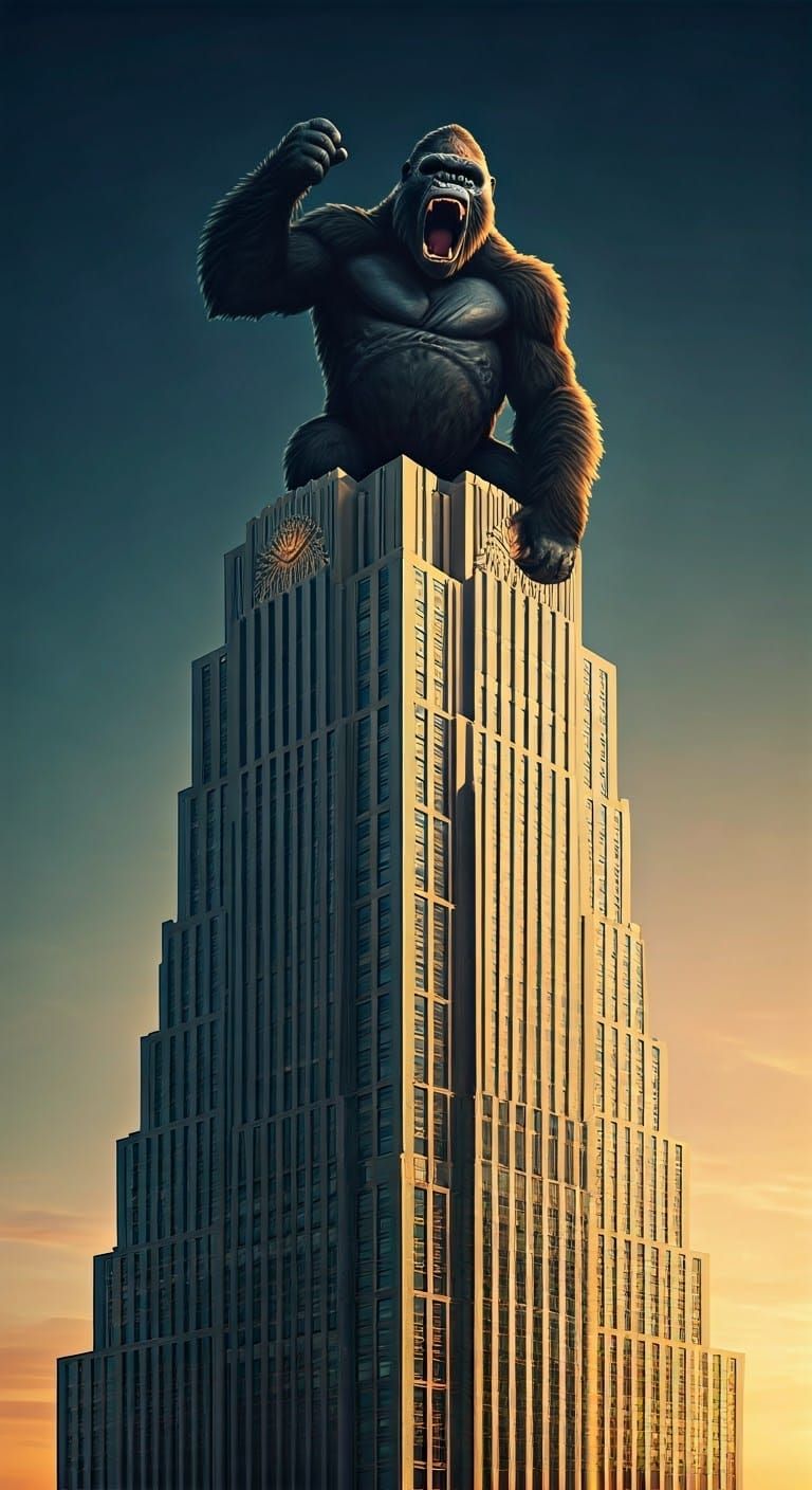 Art Deco Skyscraper with King Kong at Sunset