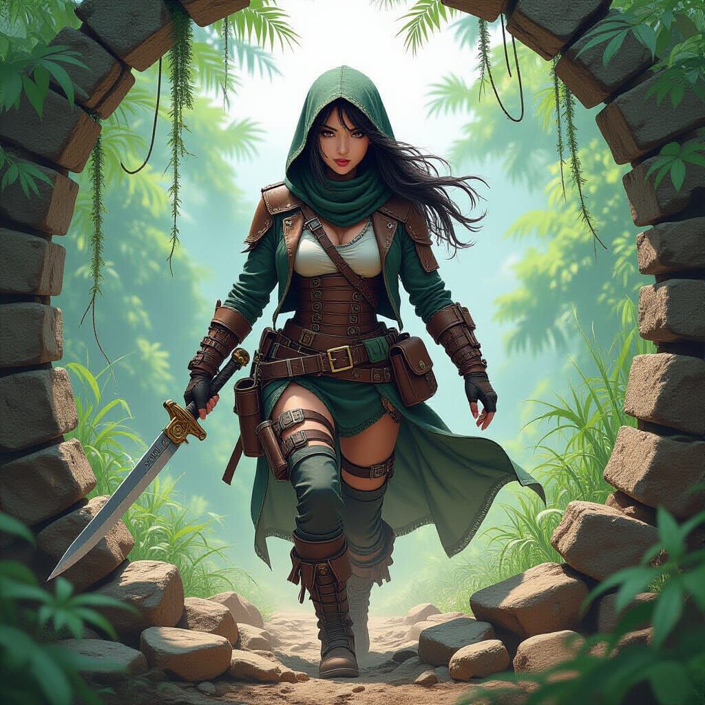 Steampunk Jungle Explorer in Anime Sketch Style