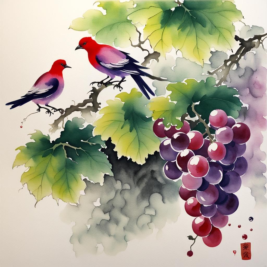 Birds on Grape Vine in Chinese Painting Style