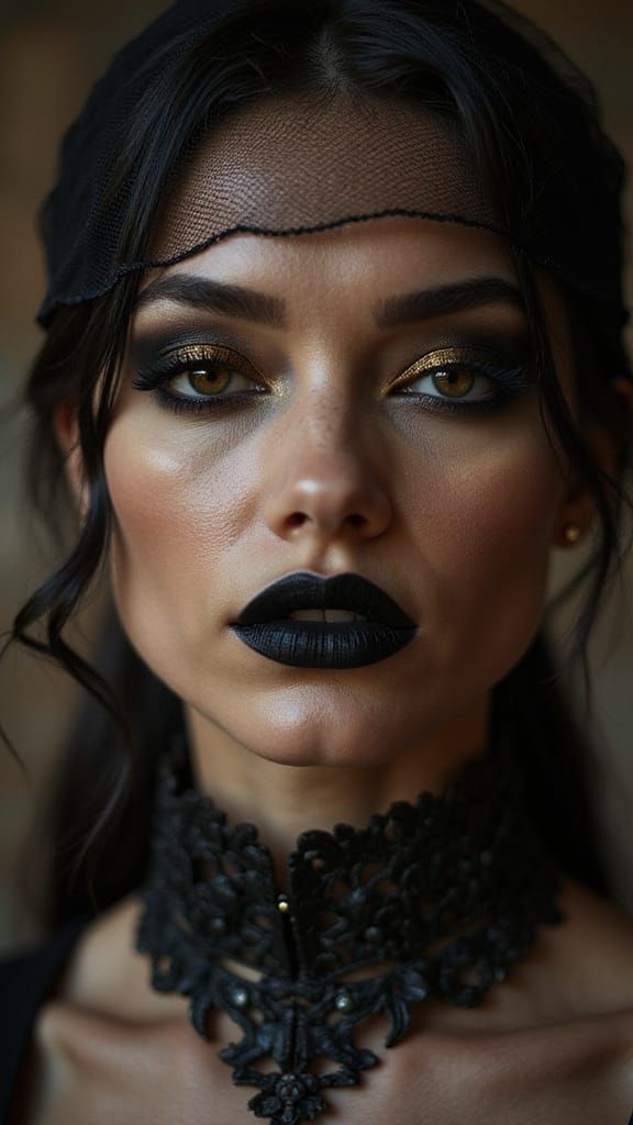 Gothic Goddess Close-up with Velvet Lips and Veil
