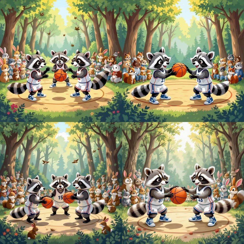 Raccoon Basketball Game in Enchanted Forest Illustration