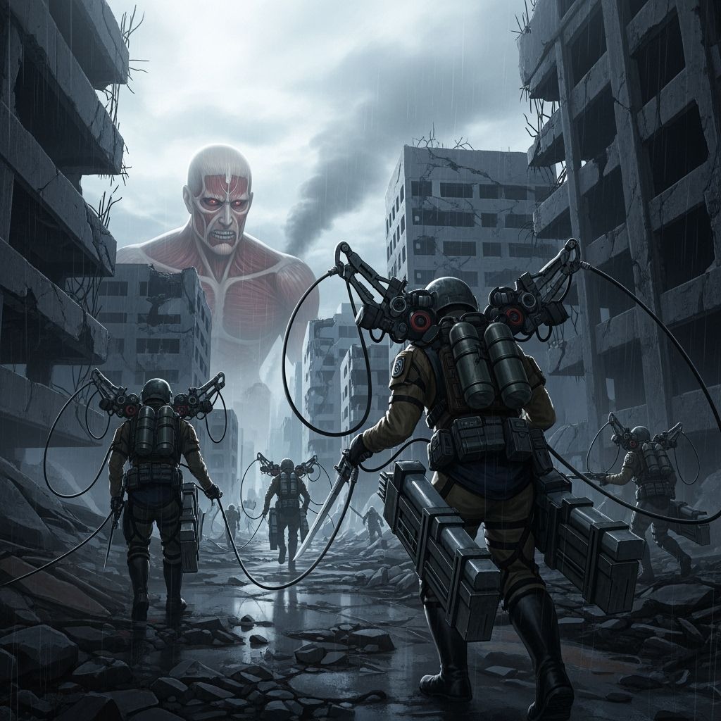 Soldiers Battle Colossal Titan in Ruined Cityscape