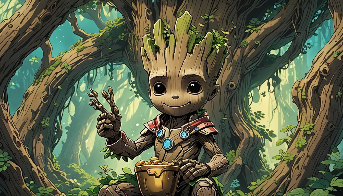 Ghibli-Style Cartoon Groot Opens Magic Treasure