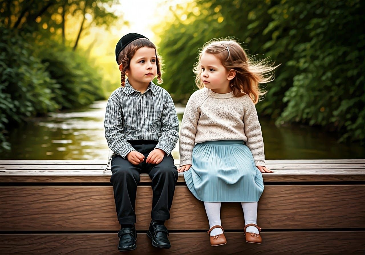 Hasidic Boy and Girl by River in Watercolor Style