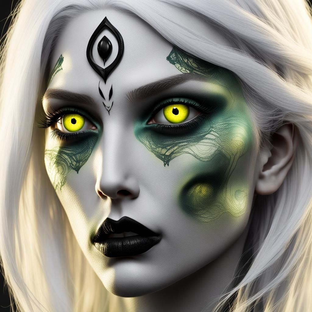 Pale Female Face with Three Eyes, AI Art
