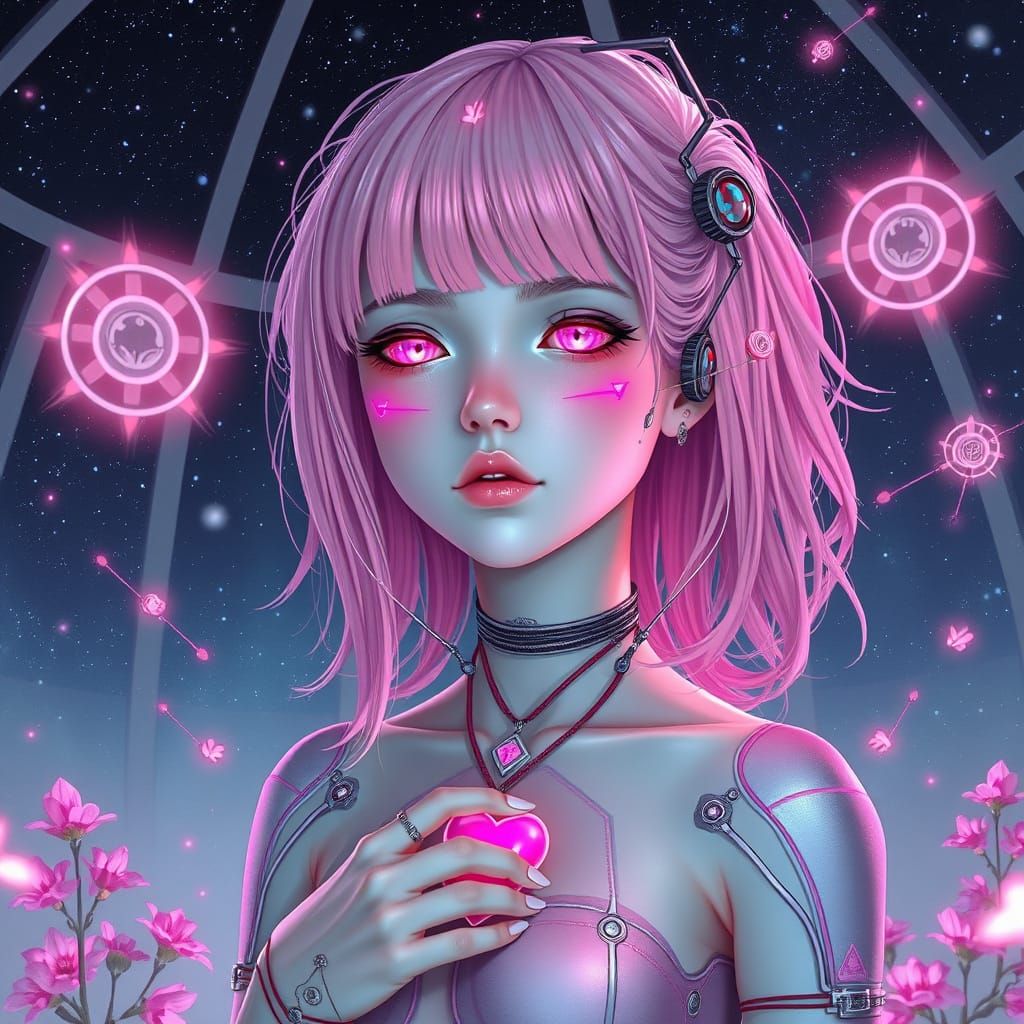 Cyberpunk Goddess with Pastel Pink Hair and Glowing Circuitr...