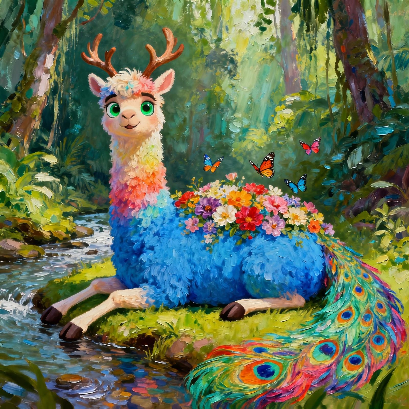 Magical Llama Creature with Blooming Flowers in Pixar Style