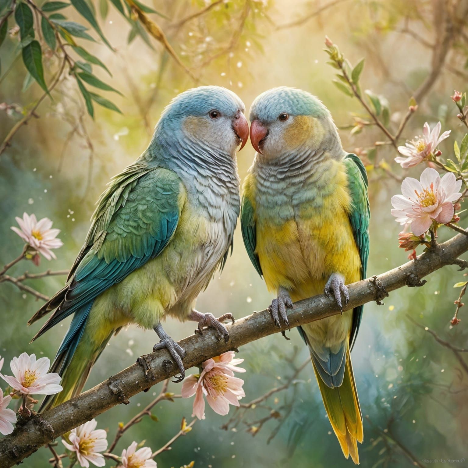 Pastel Parakeets in Impressionist Watercolor Painting