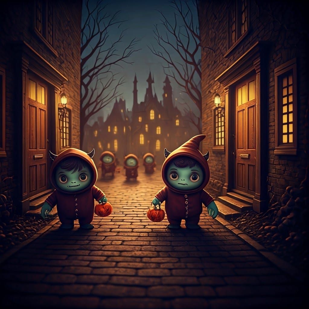 A halloween scene with small monsters dressed up like humans going door to door in a monster neighborhood, Cinematic fil...