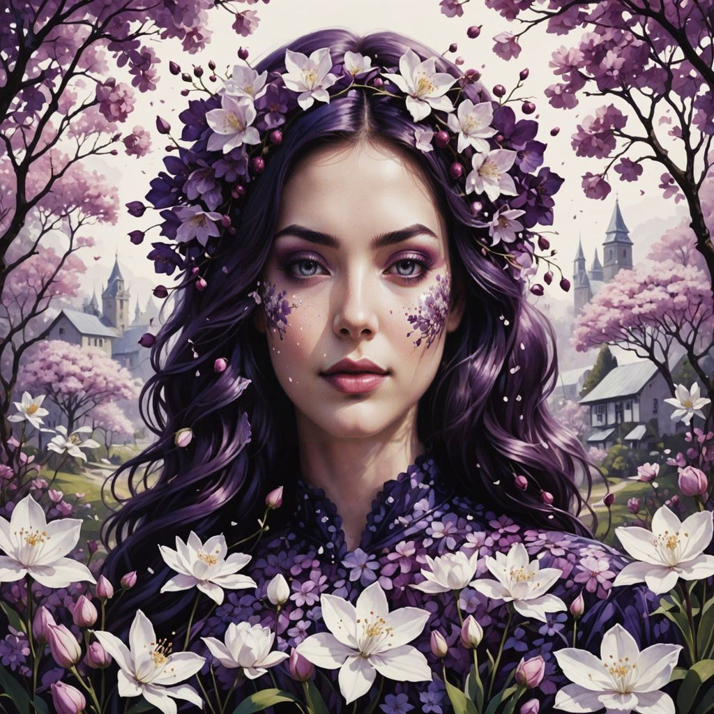 Deep Purple Goddess Among Lush Cherry Blossoms