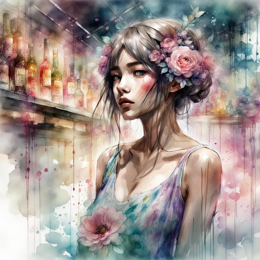 Fantasycore Japanese Girl in Digital Watercolor Style