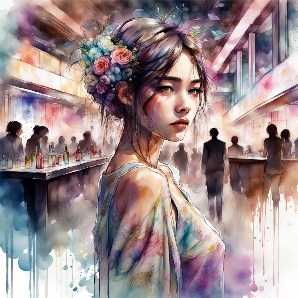Fantasycore Digital Watercolor of Japanese Girl