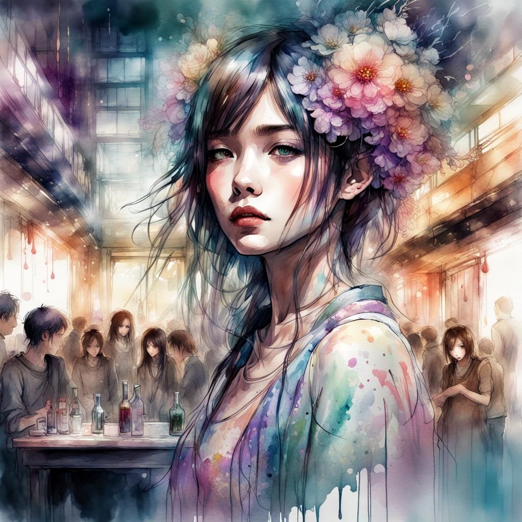 Fantasycore Japanese Girl in Digital Watercolor Art