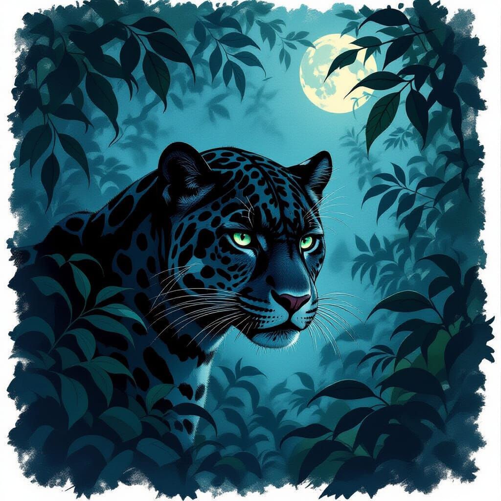 Jaguar Camouflaged in Moonlit Jungle Shadows