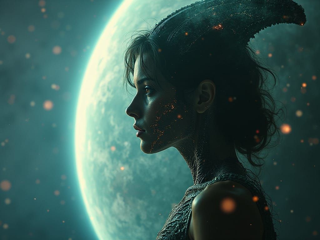 Alien Queen Goddess Emerges from a Vortex of Shimmering Gas