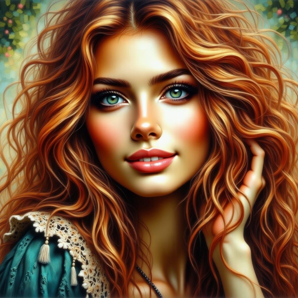 Enchanting Pre-Raphaelite Woman with Auburn Locks and Green....