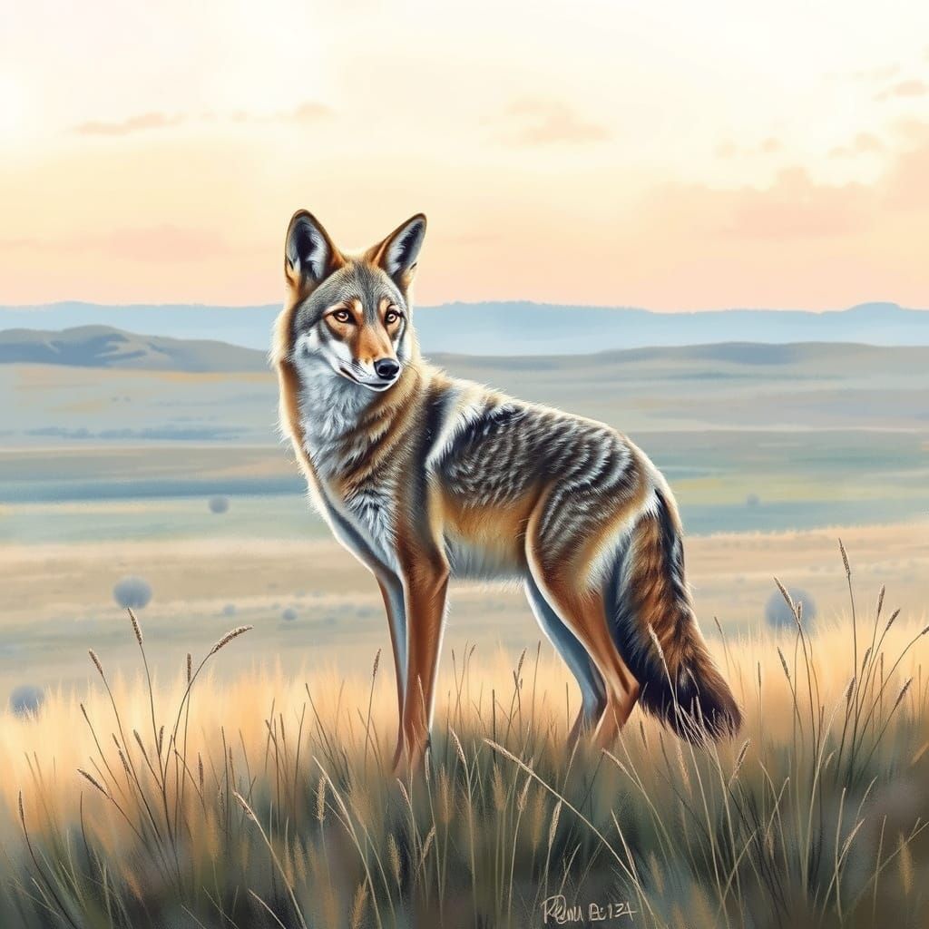 Coyote in Prairie: A Pastel Drawing