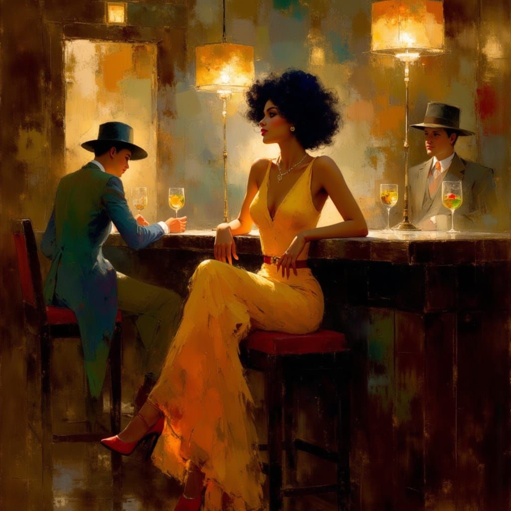 Elegant Woman Waits at Smoky Bar with Piano Music