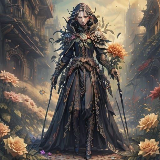 Surreal Woman of Flowers and Gears in Enchanted Garden