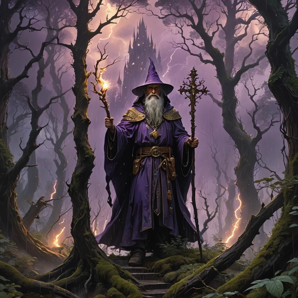 Mystical Wizard in Stormy Forest, Alphonse Mucha Style