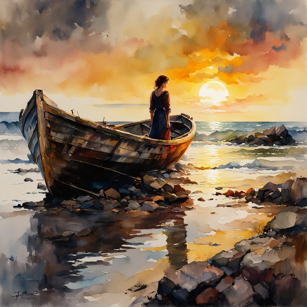Woman by Beached Boat at Sunset in Watercolor Style