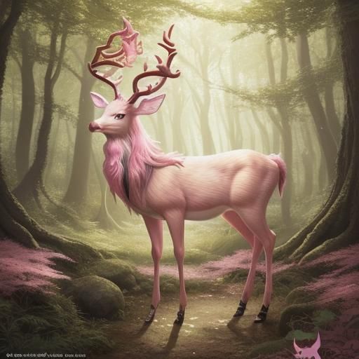 Pink Deer with Golden Horns in Anime Style