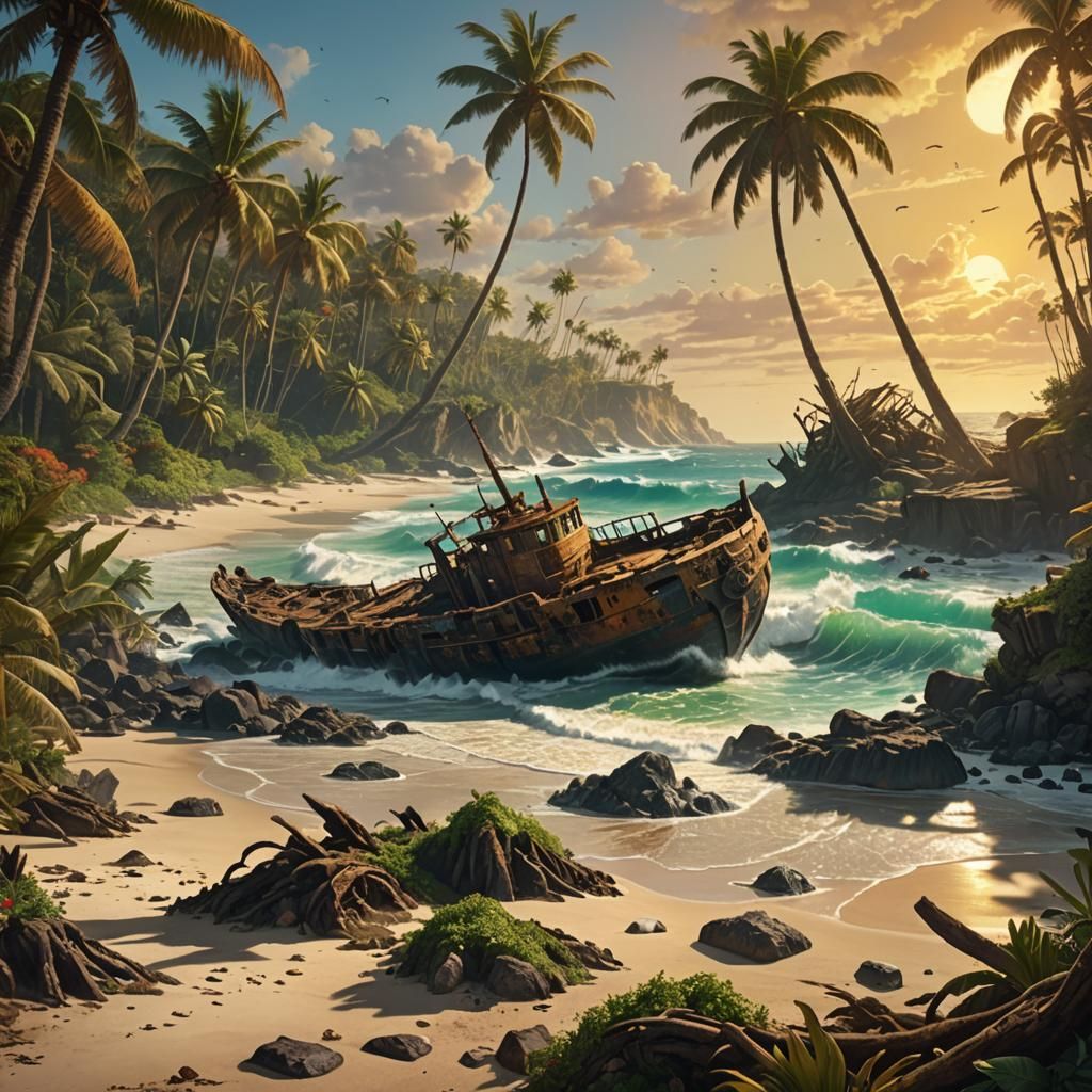 Stranded Castaways Find Shipwreck on Tropical Beach