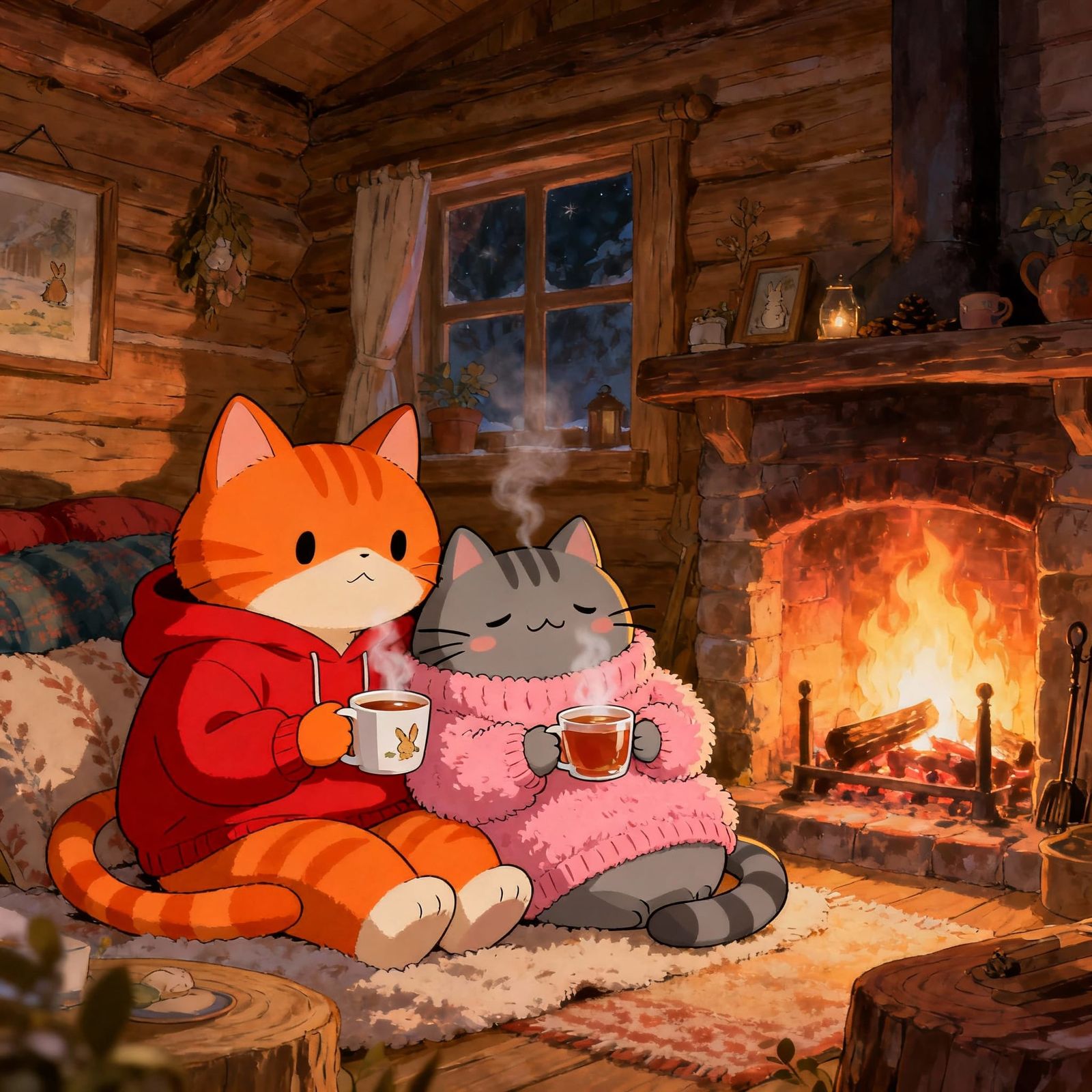 Cozy Cabin Scene: Cats Snuggle by Fireplace