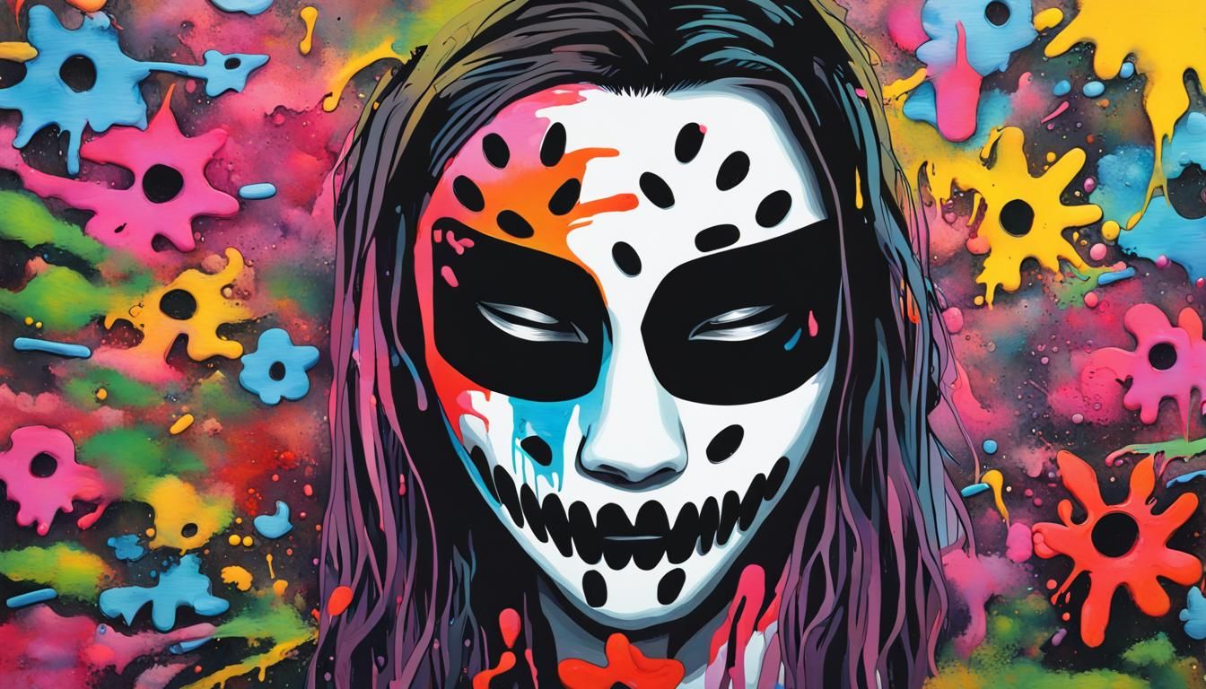 Emo Album Art with Masked Figures and Graffiti