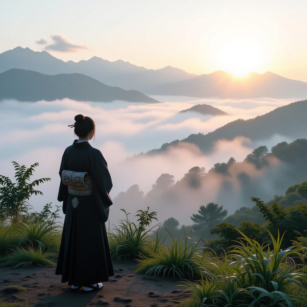 Misty Hilltop Serenity: A Hyperrealistic Japanese Landscape