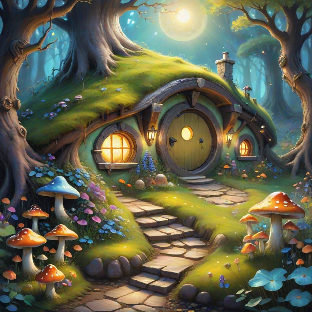 Enchanting Hobbit Hole Entrance in Oil Painting Style