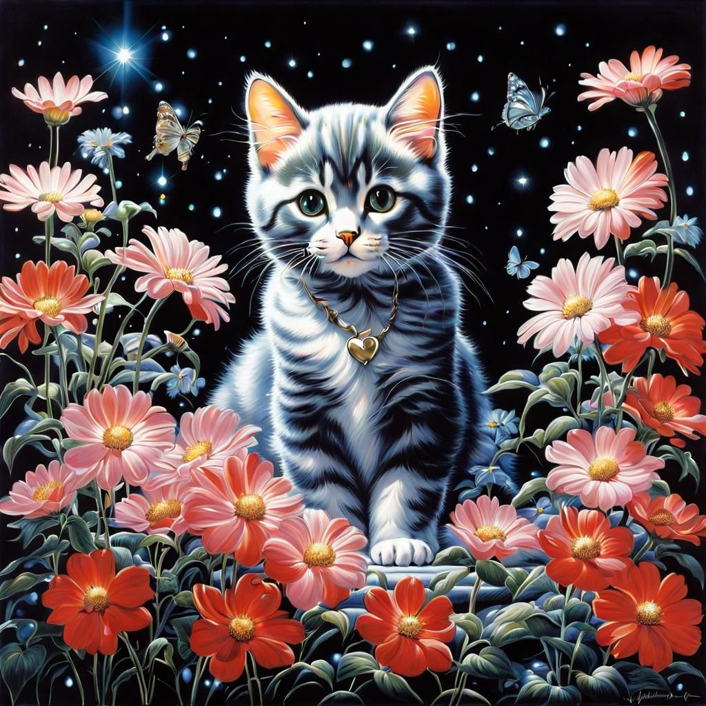 Cat Surrounded by Flowers in Hyperrealistic Style
