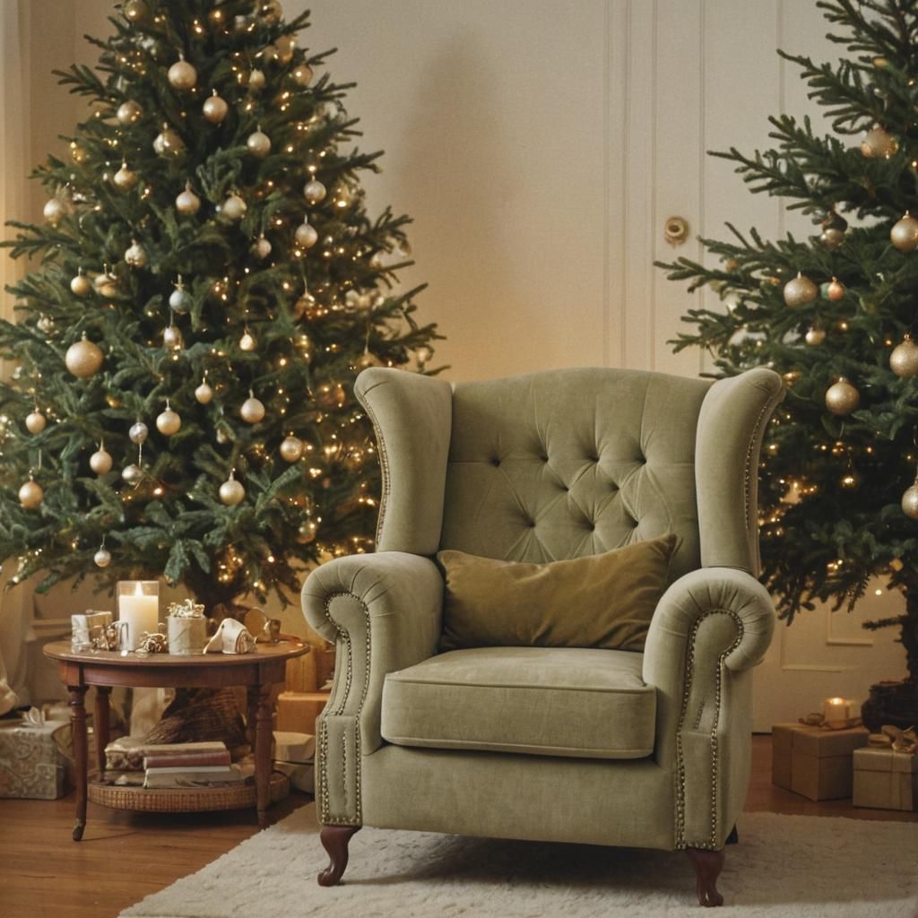Vintage Armchair Beside Christmas Tree in Golden Light