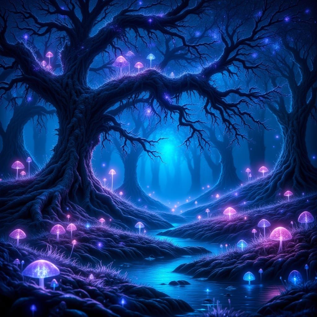 Mystical Twilight Forest with Ethereal Glowing Trees