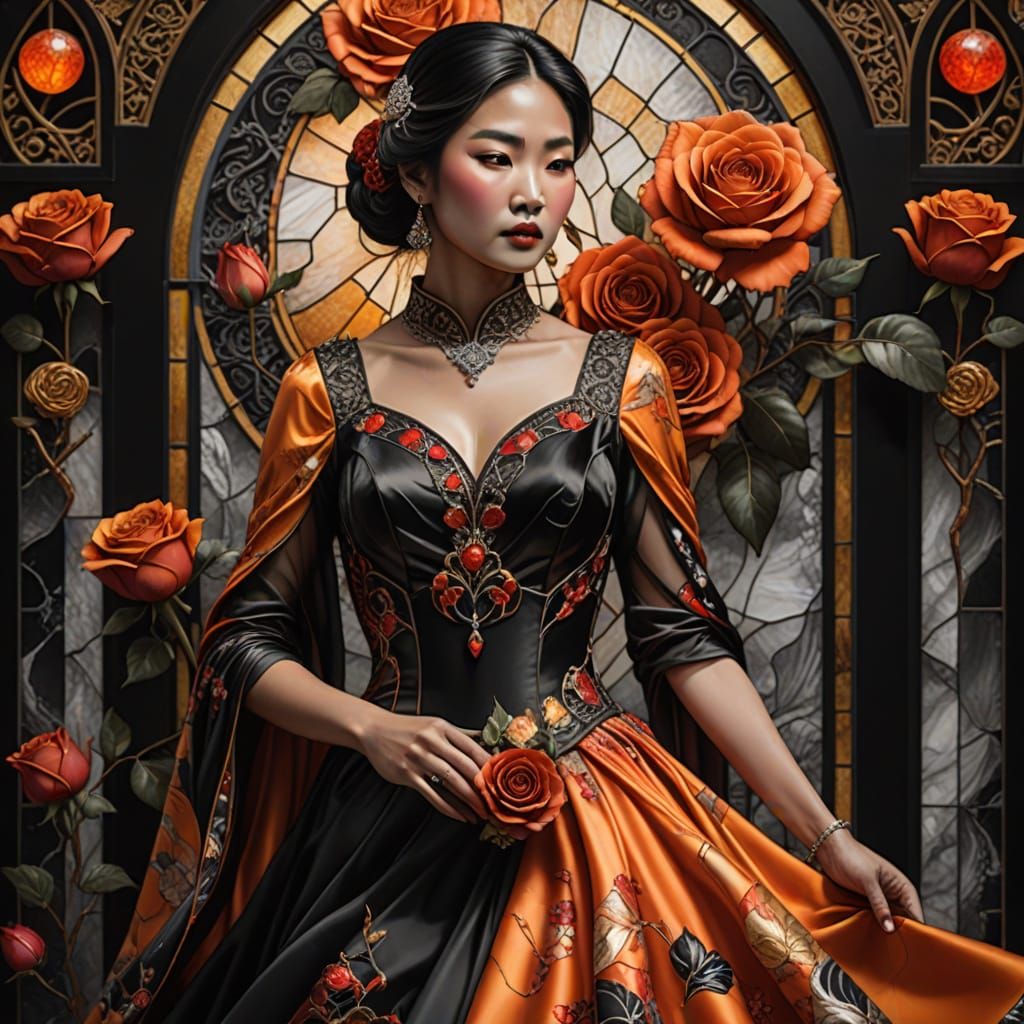 Asian Woman in Silky Gown with Crystal Balls, Cinematic Port...