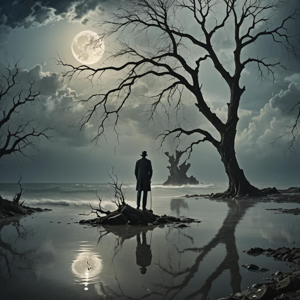Eerie Surreal Seascape with Figure and Shattered Clock