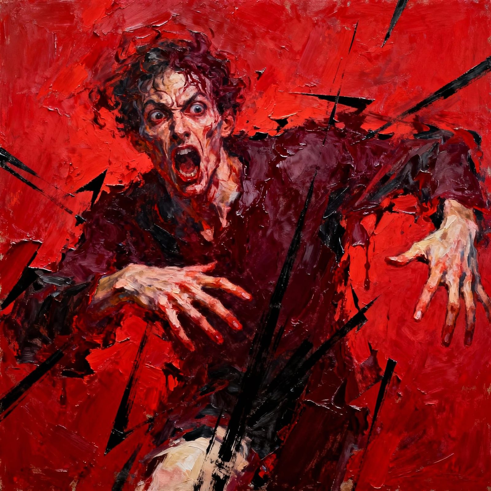Expressionist Red Figure in Anguish, Oil Paint