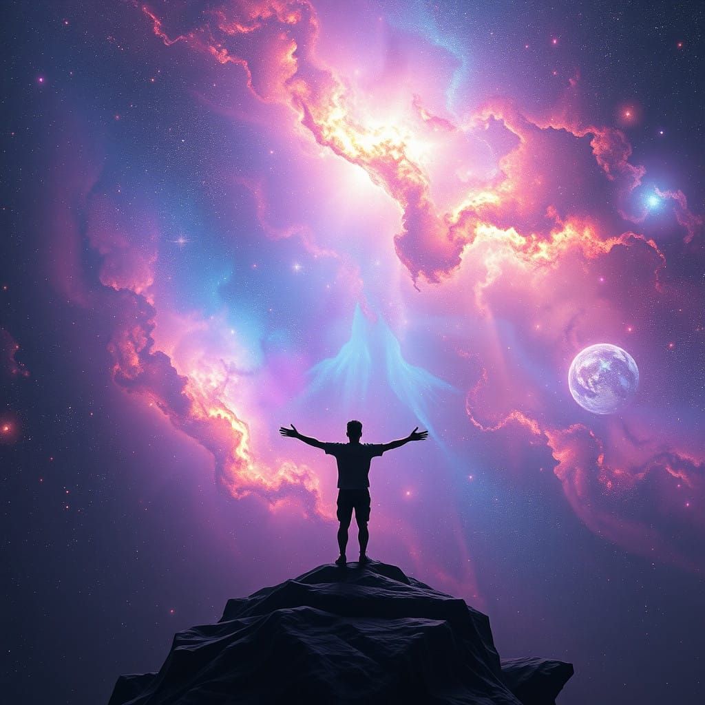A Figure Beckons the Cosmos to Radiant Enlightenment