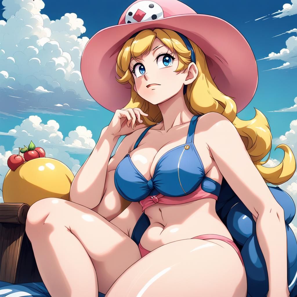Anime Style Peach in Swimsuit on Blue Sky