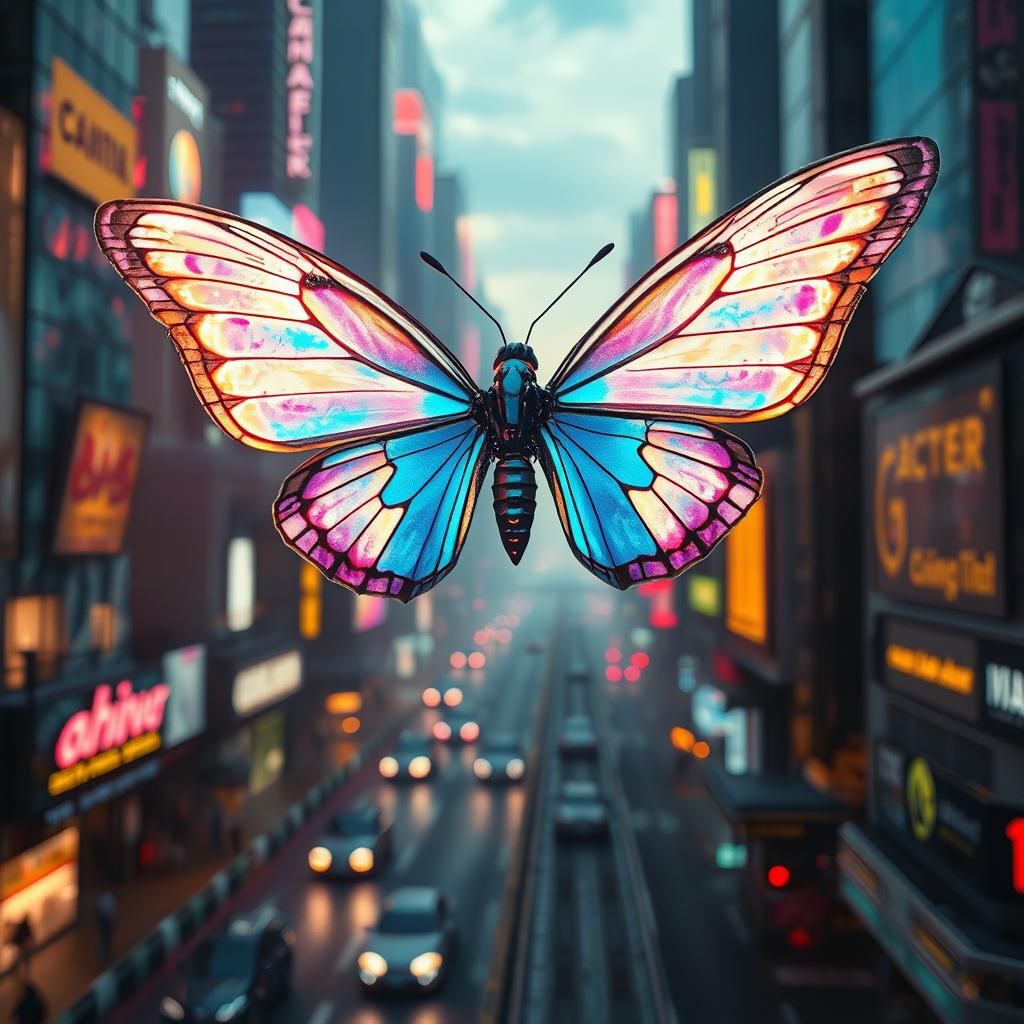 Robotic Butterfly Shimmers in Futuristic Cityscape