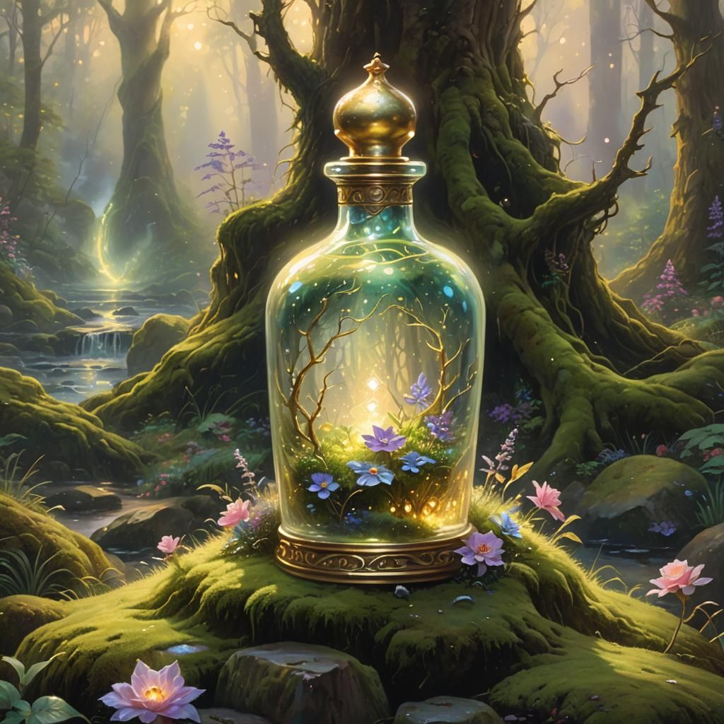 Glowing Bottle in Mystical Forest, Oil Painting